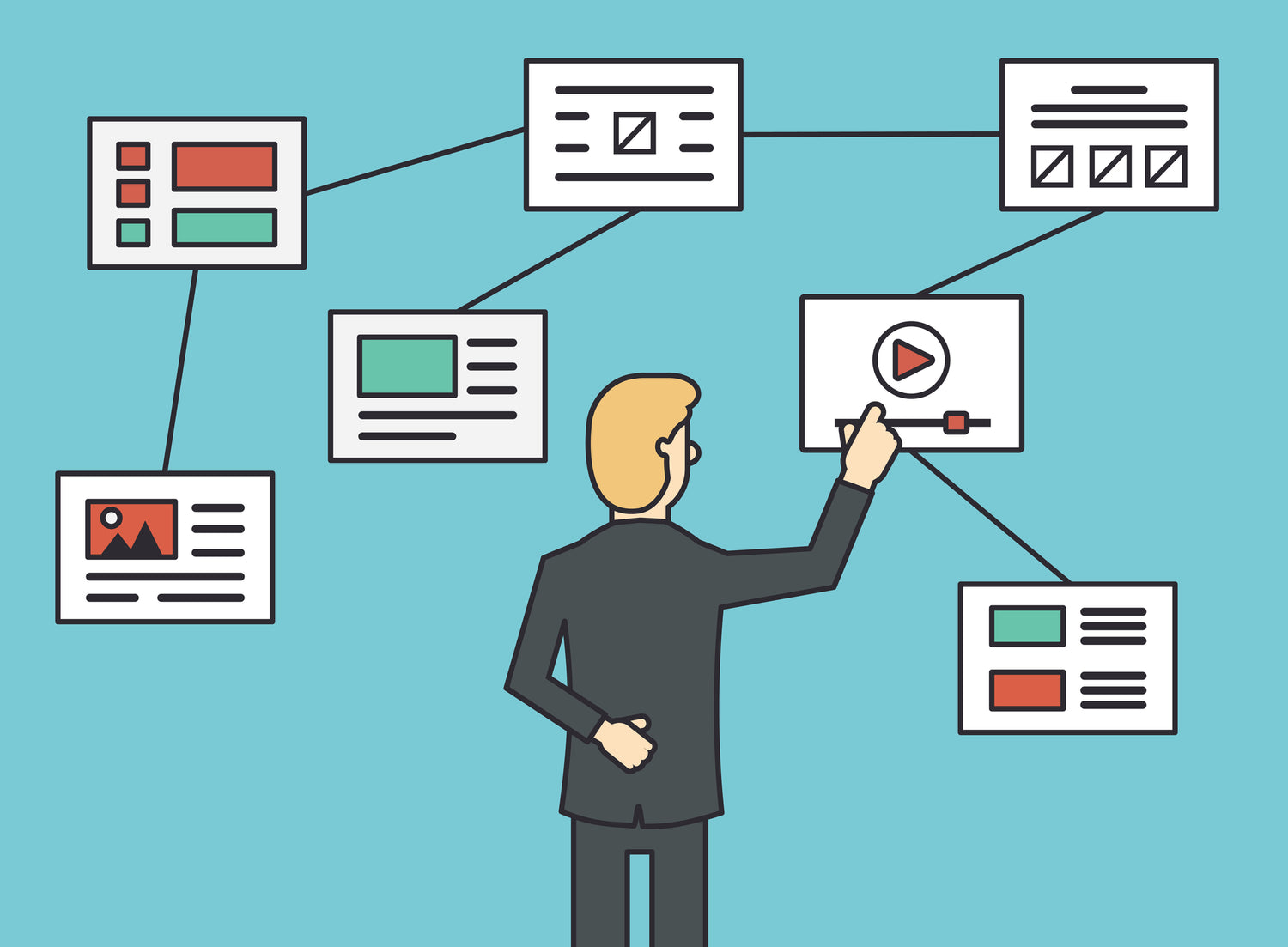 Illustration of a person interacting with user interface design on a blue background
