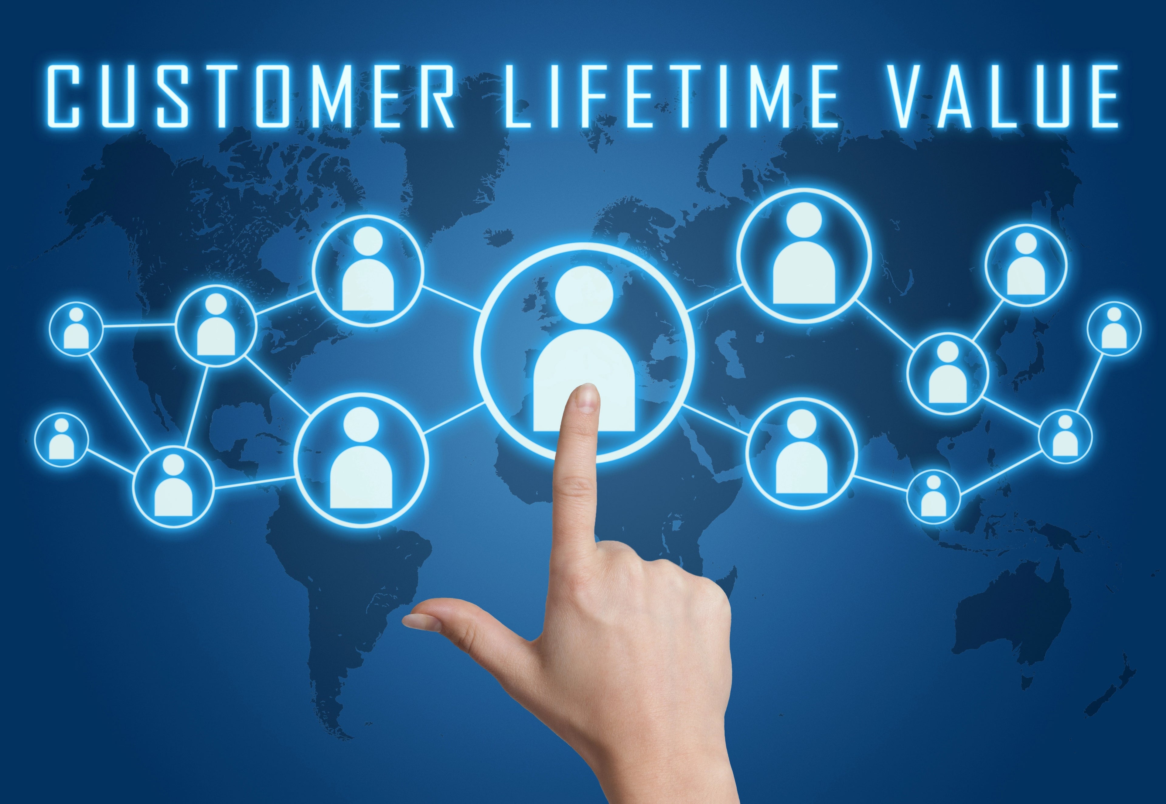 Highlighting 'Customer Lifetime Value' on a world map background with digital icons.