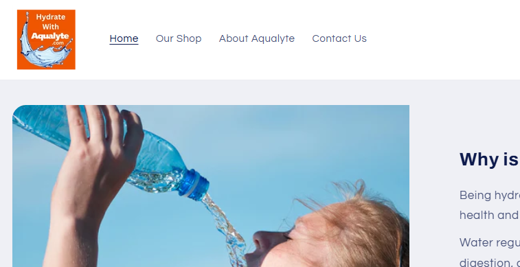 Hydrate with Aqualyte page with a girl drinking liquid from a bottle